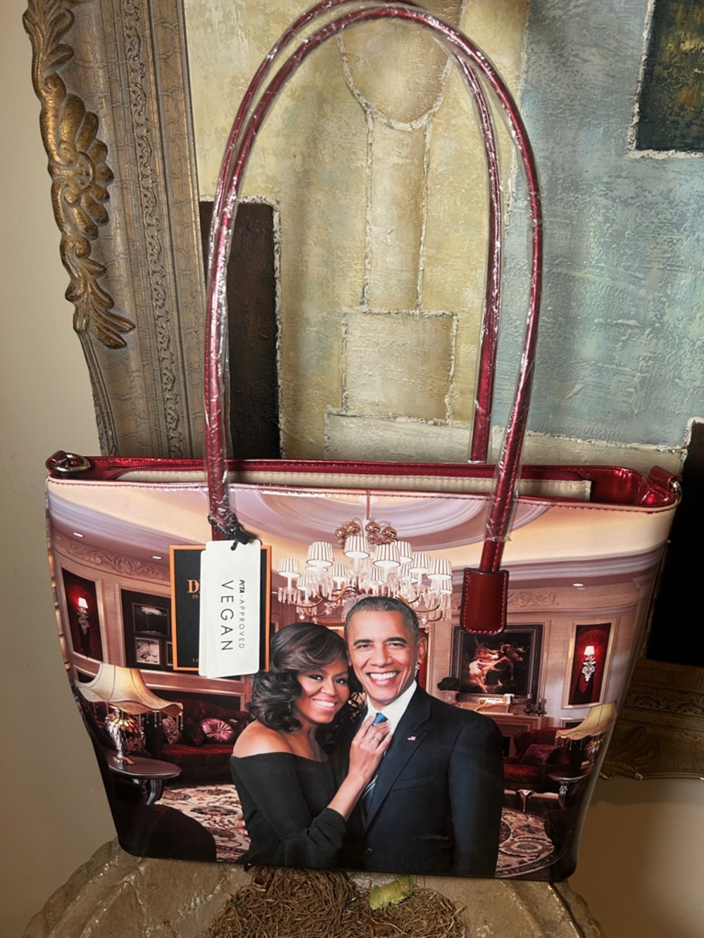 Barack and Michelle Obama-Glossy Maroon-Handled Photo Tote Bag